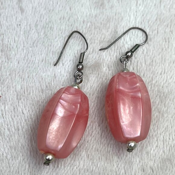 Pink Bead Dangle Earrings Chunky Faux Stone Silver Tone - Picture 3 of 4